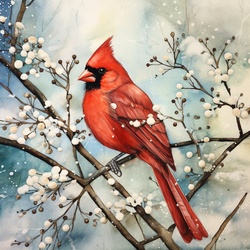 Digital art illustration of a cardinal bird perched a branch in the snow