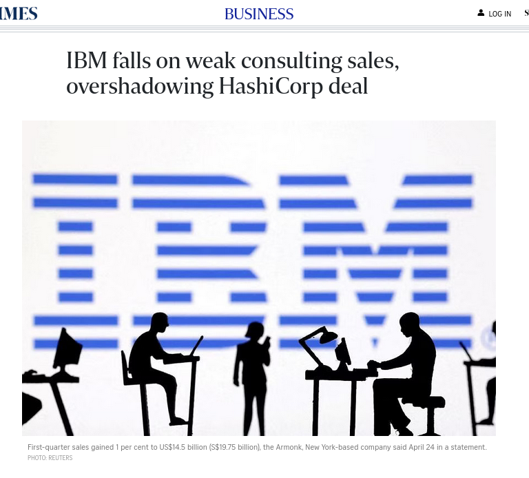 IBM falls on weak consulting sales, overshadowing HashiCorp deal 