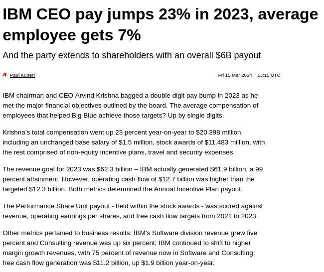 IBM CEO pay jumps 23% in 2023, average employee gets 7%