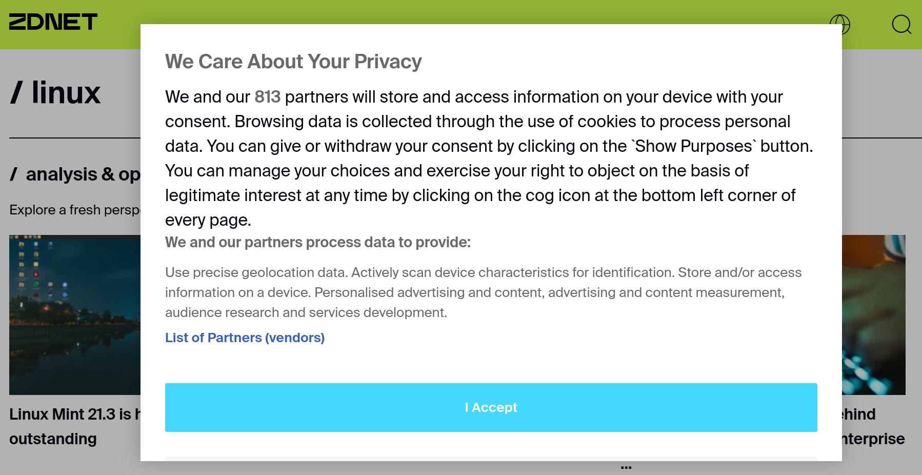 We and our 813 partners will store and access information on your device with your consent. Browsing data is collected through the use of cookies to process personal data. You can give or withdraw your consent by clicking on the `Show Purposes` button. You can manage your choices and exercise your right to object on the basis of legitimate interest at any time by clicking on the cog icon at the bottom left corner of every page.