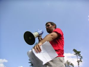 The leader with  megaphone