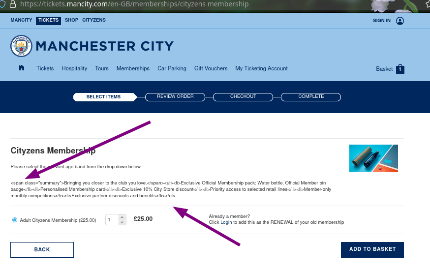 Manchester City checkout/site